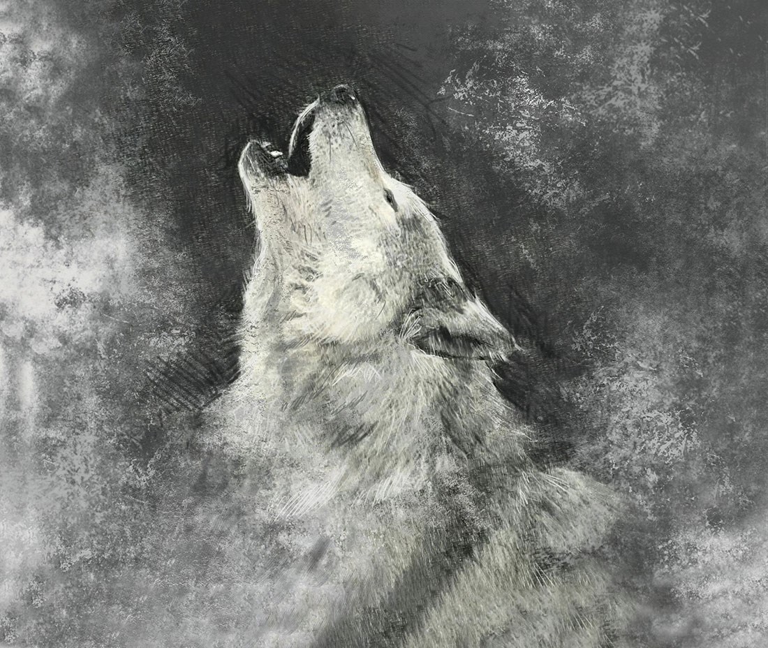 huilende wolf schilderij behang