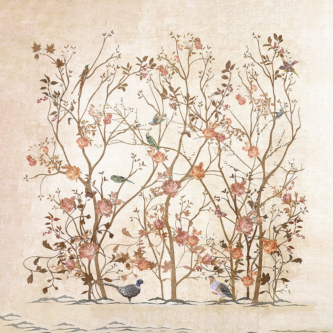 behang met bloemen- en vogelthema