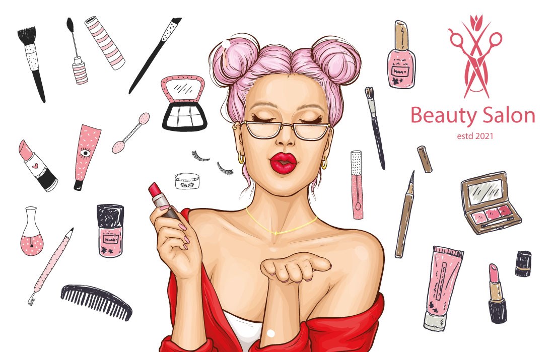 Behang met als thema een vrouw die make-up aanbrengt in een schoonheidssalon