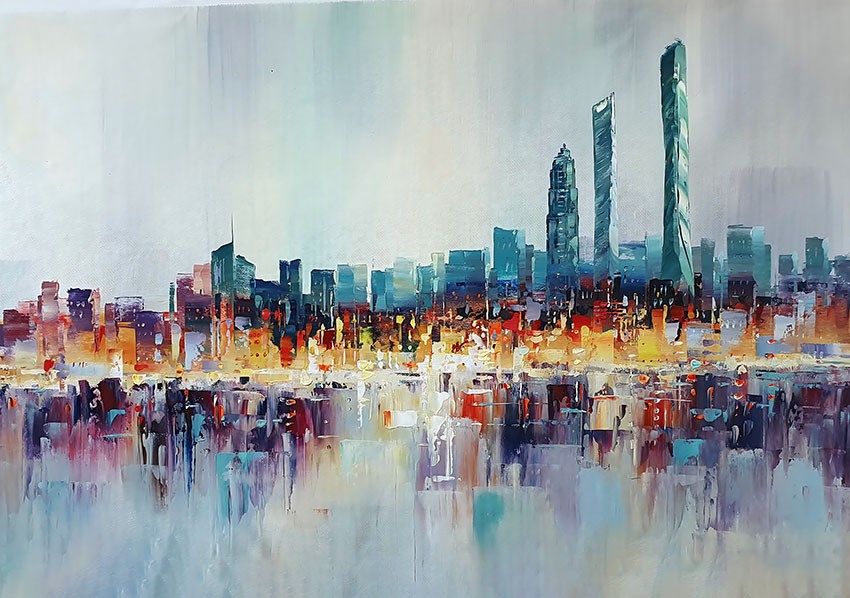olieverfschilderijbehang met uitzicht op de stad