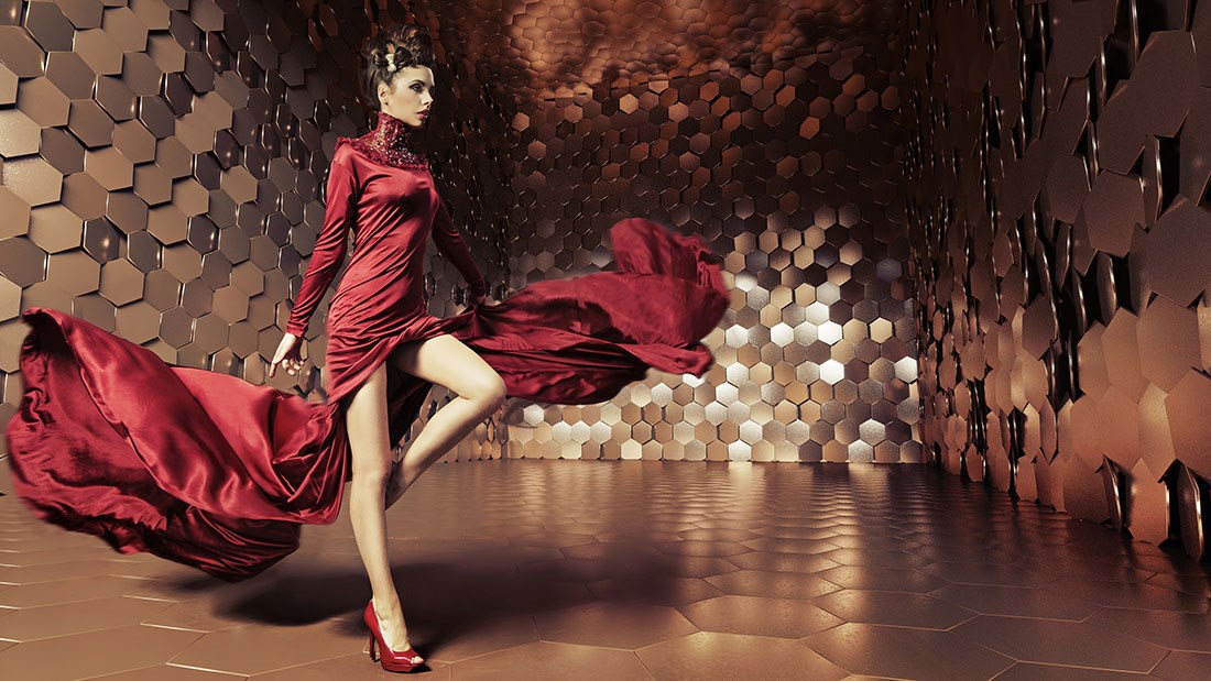 vrouw in rode jurk thema behang