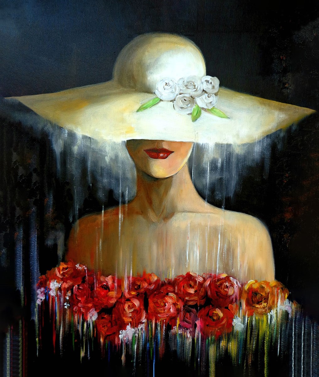 vrouw met hoed schilderij behang