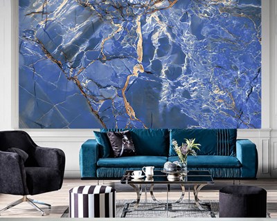 Levendig blauw behang met marmerpatroon