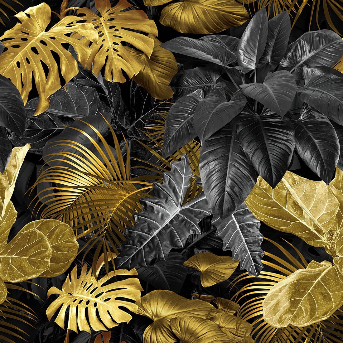Goud en zwart palmblad behang 