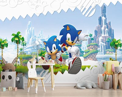 Sonic geïllustreerd behang voor kinderkamer