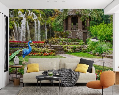 Behang met uitzicht op tuin waterval