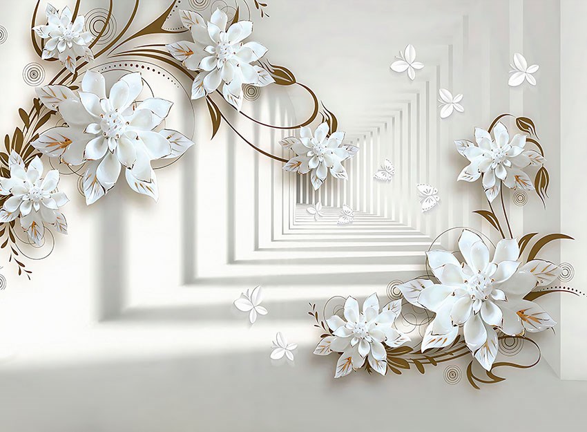 Witte bloemen op de muur behang