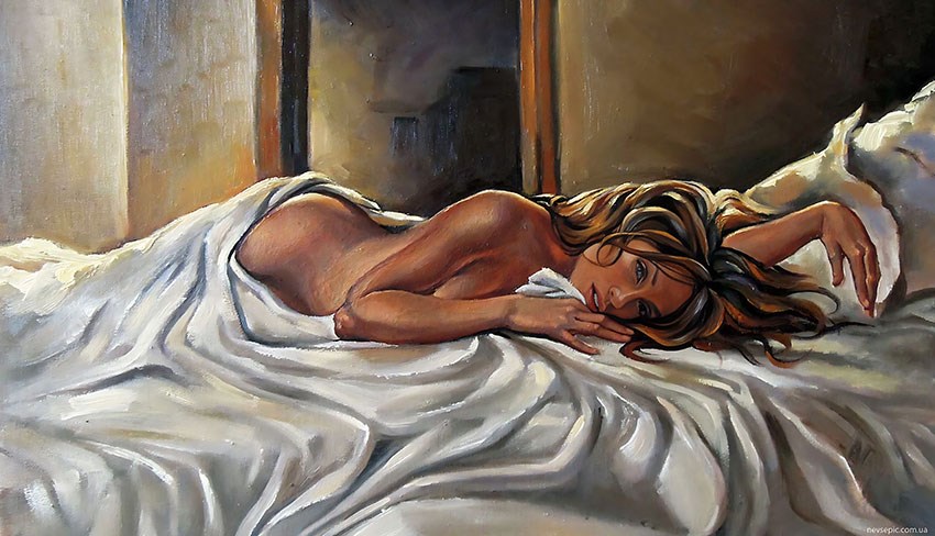 Liggende vrouw canvas schilderij behang
