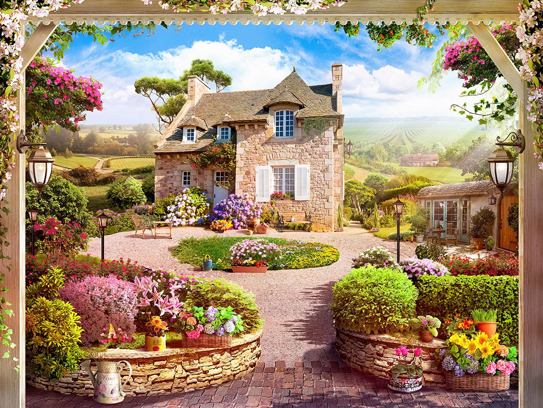 Bloemen Tuin Stenen Huis Geïllustreerd Behang
