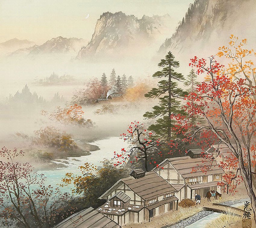 Japans Landschap Geïllustreerd Behang
