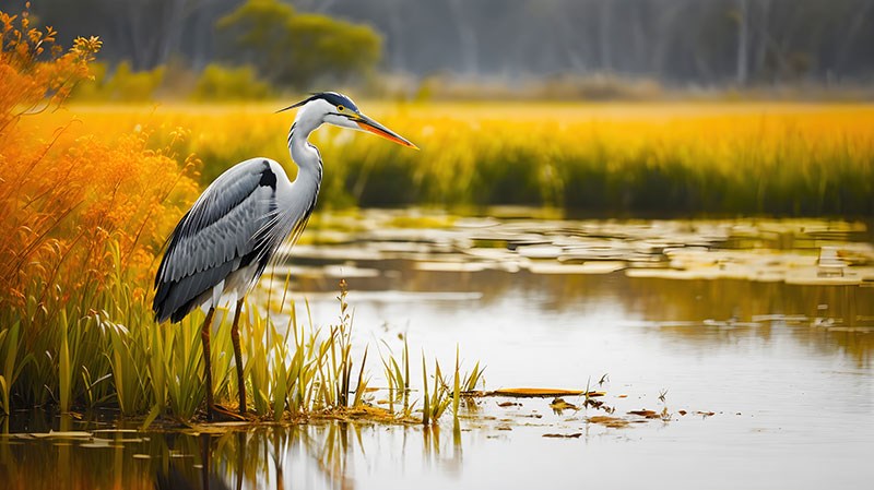 Grijze reiger in het meer Behang