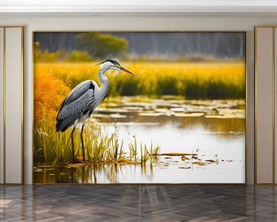 Grijze reiger in het meer Behang