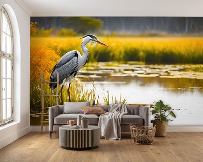 Grijze reiger in het meer Behang