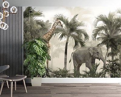 Olifant en Giraf in de Jungle Behang 