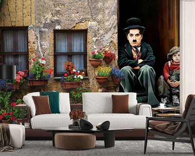 Charlie Chaplin en kind geïllustreerd behang 