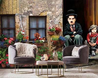 Charlie Chaplin en kind geïllustreerd behang 