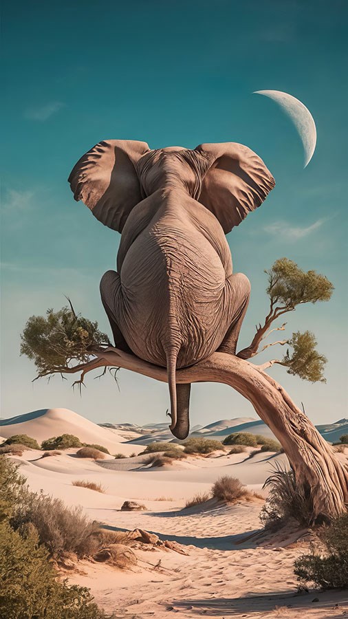Beeldje van een olifant in een boom op behangpapier