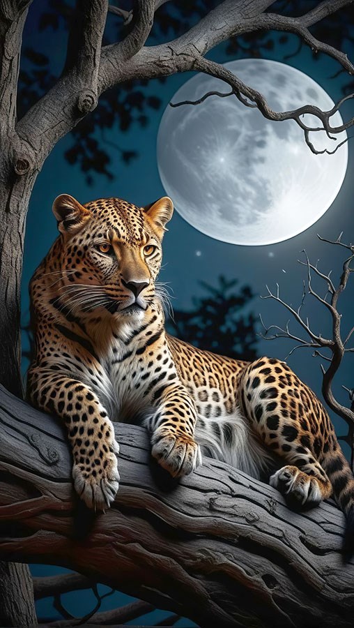 Jaguar op een boomtak 's nachts behang 