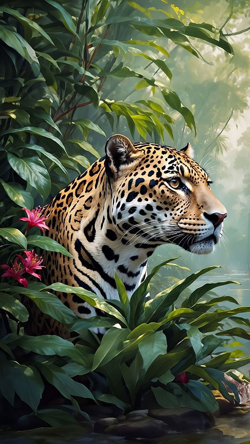 Jaguar-thema behang met struiken 