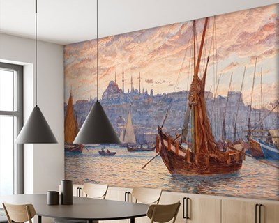 Zonsondergang met uitzicht op de haven behang