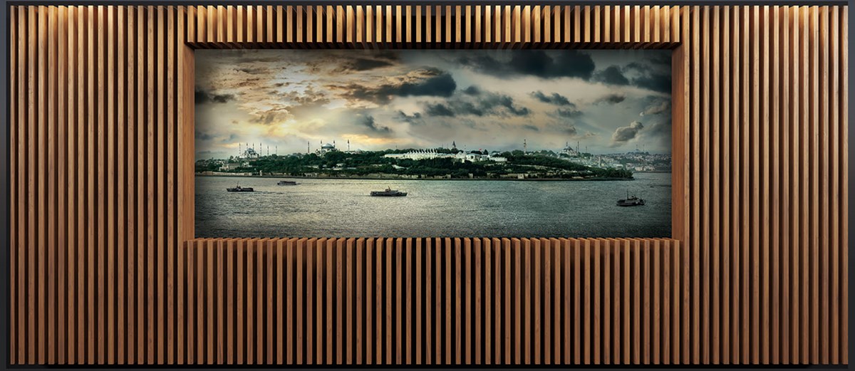 Houten paneel met Istanbul-landschap behang