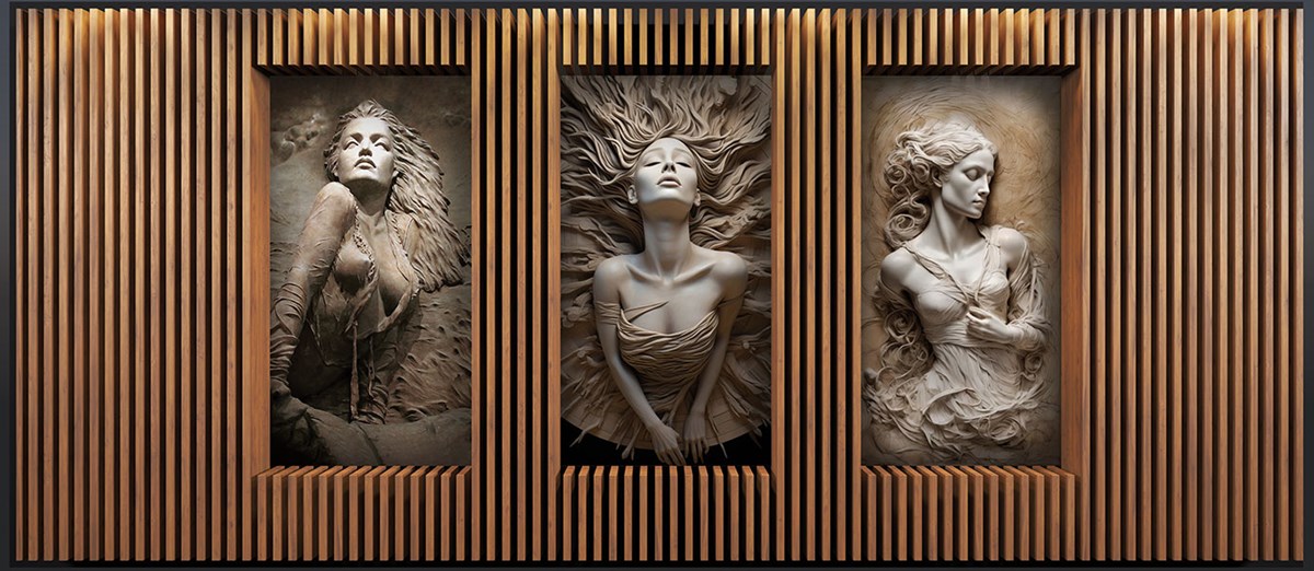 Houten paneel met vrouwenfiguur behang