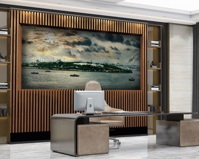 Houten paneel met Istanbul-landschap behang