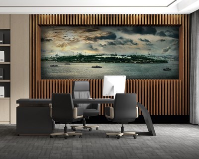Houten paneel met Istanbul-landschap behang