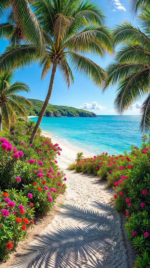 Bloemenpad naar het strand behang 