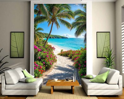 Bloemenpad naar het strand behang 