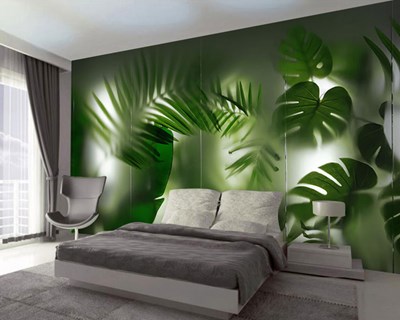 Mistig tropisch bladmotief behang