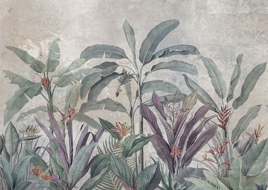 Verouderde tropische plantenbehang