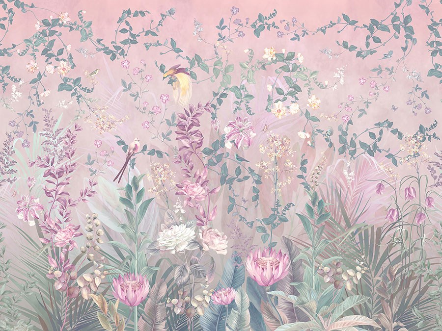 Bloementuinbehang in pastelkleuren