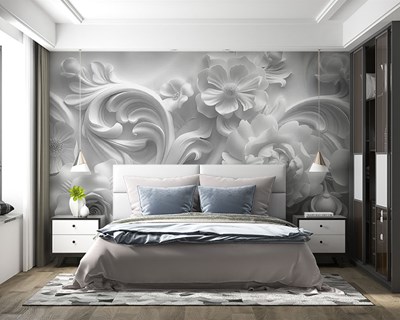 3D wit reliëf bloemenbehang