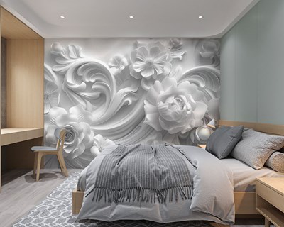 3D wit reliëf bloemenbehang