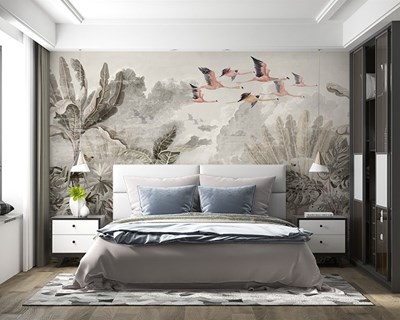 Flamingo en tropisch bosbehang 