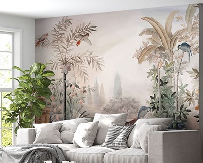 Tropisch landschap en vogels behang