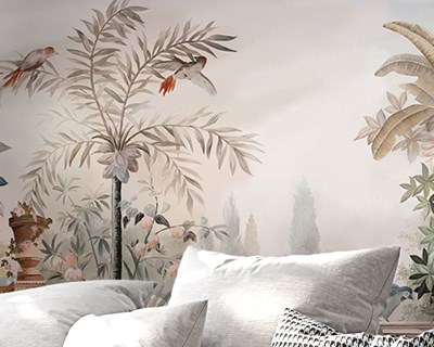 Tropisch landschap en vogels behang