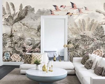 Flamingo en tropisch bosbehang 