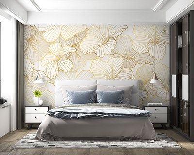 Goudgestreept wit bloemenbehang