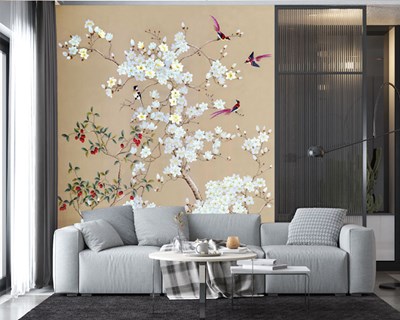 Japanse stijl vogels en bloemtakken behang