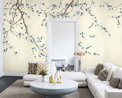 Blauwe bloemenboomtakken behang