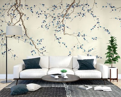 Blauwe bloemenboomtakken behang