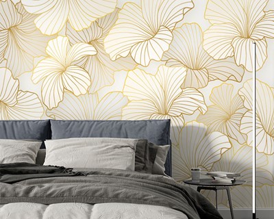 Goudgestreept wit bloemenbehang