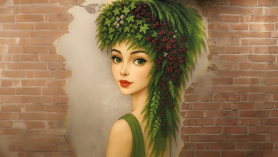Plantenhaarige vrouw als thema behang 
