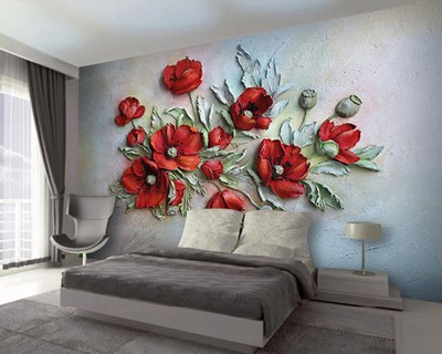 Reliëfbehang met rode bloemenmotief 