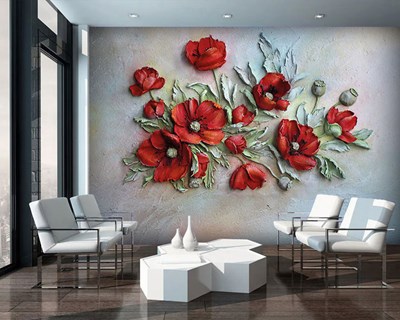 Reliëfbehang met rode bloemenmotief 