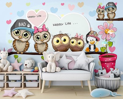 Schattige uilenfamilie-behang