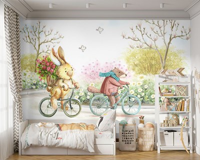 Aardige dieren op een fiets behang