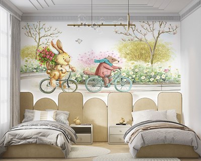 Aardige dieren op een fiets behang